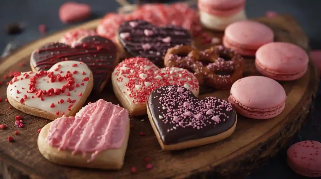Assorted Valentine's treats including heart cookies, chocolate pretzels, and pink macarons on a rustic wooden board