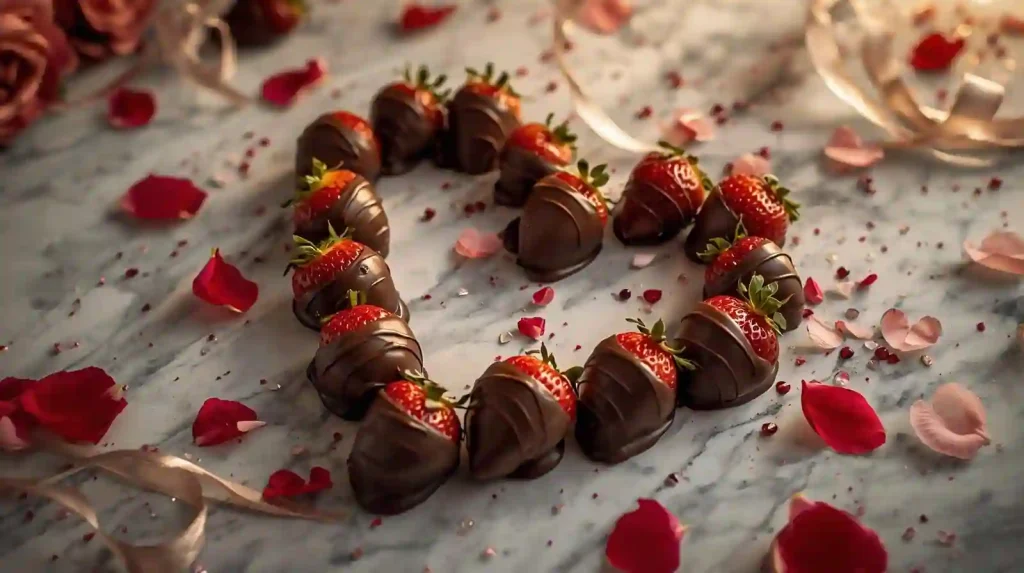 Heart-shaped strawberries dipped in dark chocolate arranged on a white plate with pink sprinkles