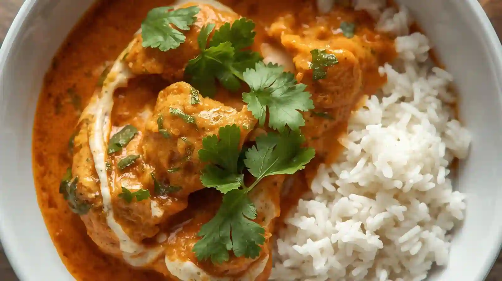 Final butter chicken recipe served in bowl with cream swirl, cilantro garnish, and basmati rice