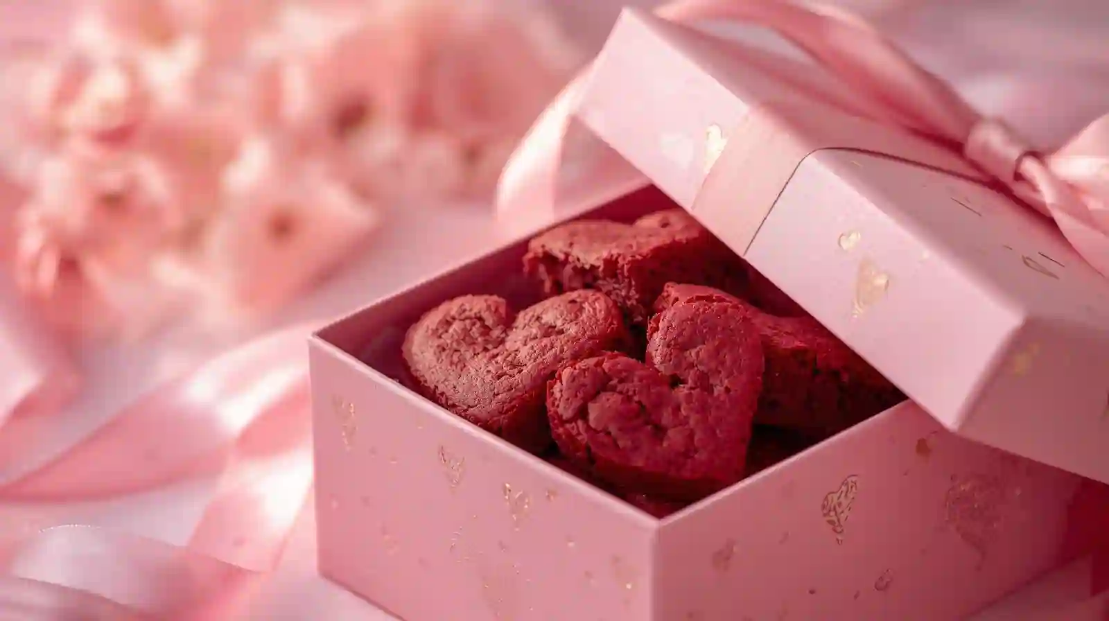 Heart-shaped red velvet brownies with cream cheese frosting arranged in a pink gift box with ribbon