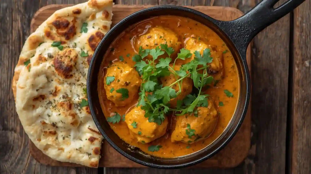 Homemade butter chicken recipe in skillet with naan bread and cilantro garnish