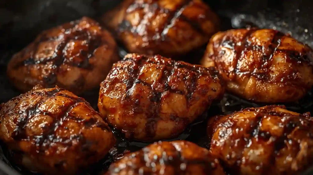 Marinated chicken pieces with golden brown char cooking in butter for butter chicken recipe