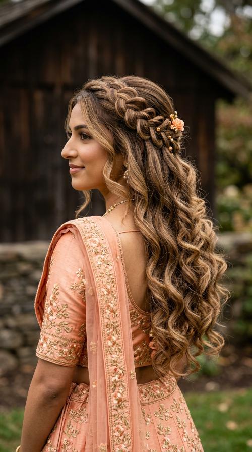 Bohemian Crown Braid for Peach Lehengas