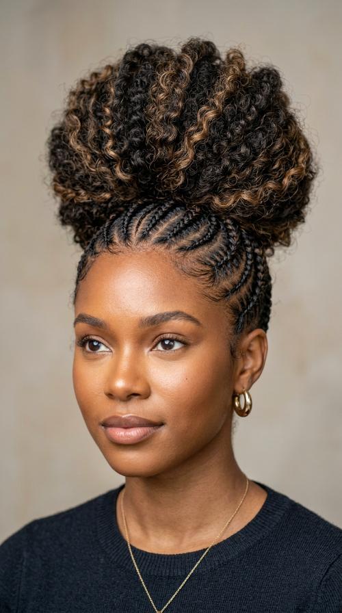 Braided High Bun with Cornrows