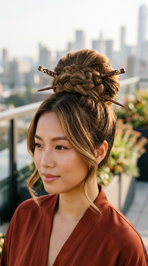 Chinese High Bun with Hair Sticks