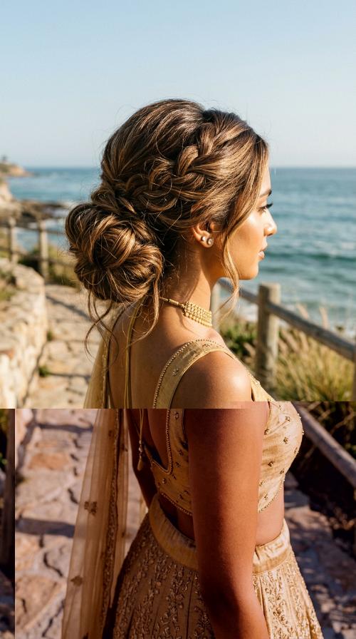 Classic Messy Bun for Gold Lehengas
