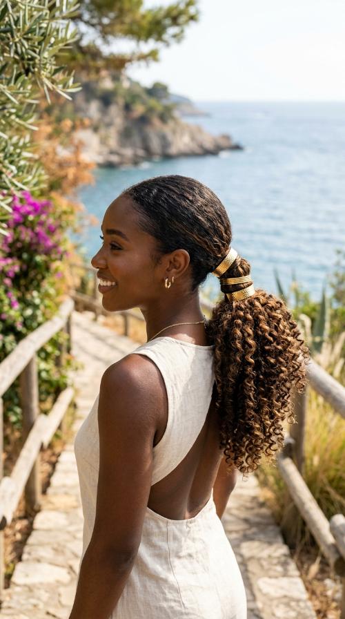Coiled Low Ponytail with Gold Cuffs