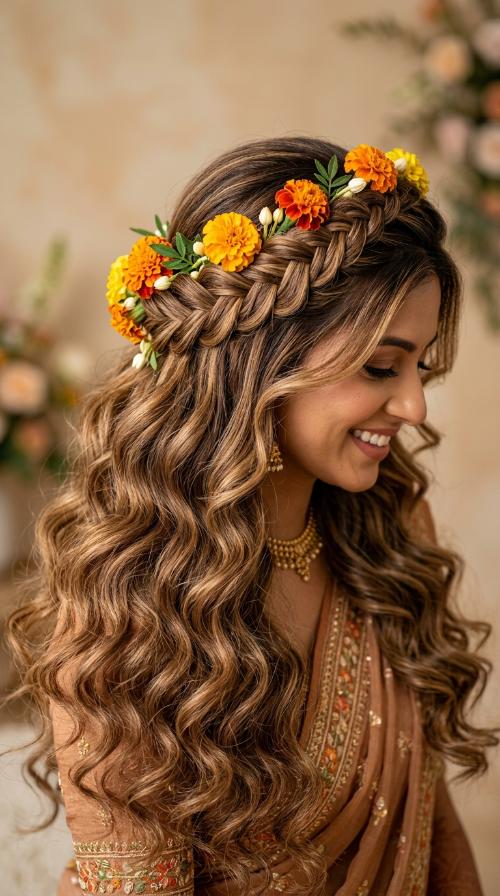 Crown Braid with Marigold Garland