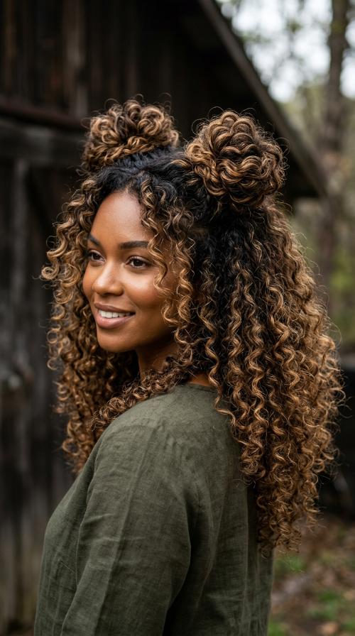 Curly Space Bun Half-Up