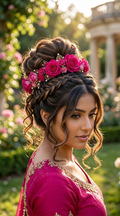 Donut Bun with Rose Border for Fuchsia Lehengas