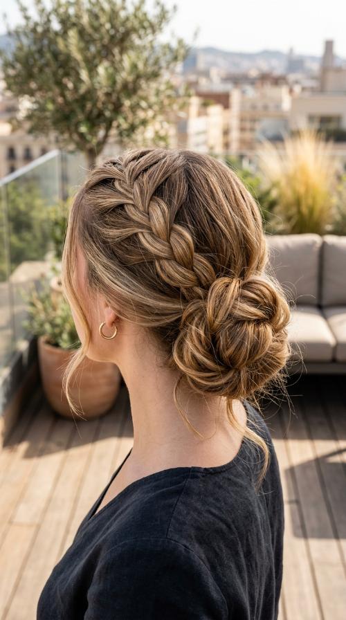French Braid into Messy Bun