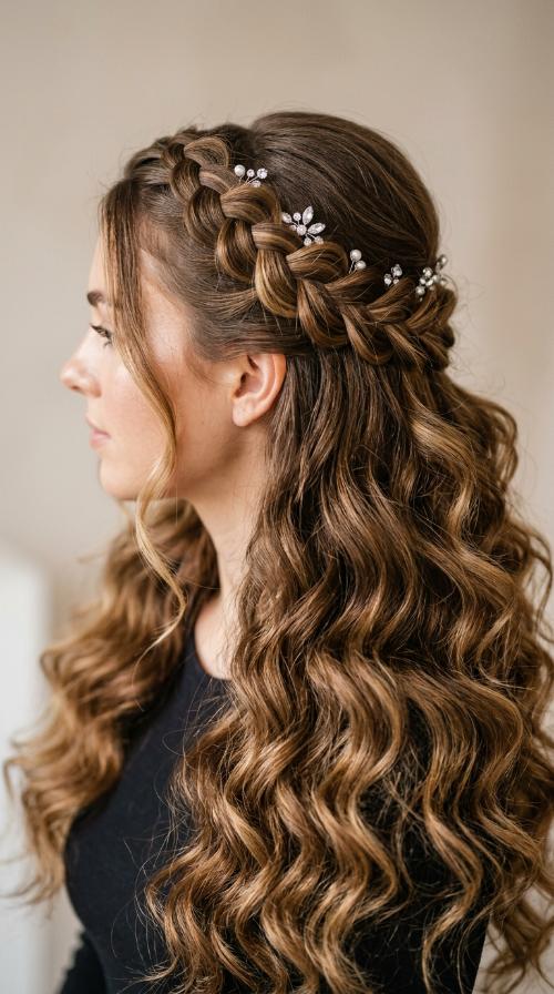 Half-Up Braid with Sparkly Jewelry