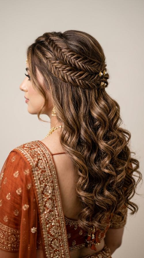 Half-Up Half-Down with Braids for Lehenga Saree