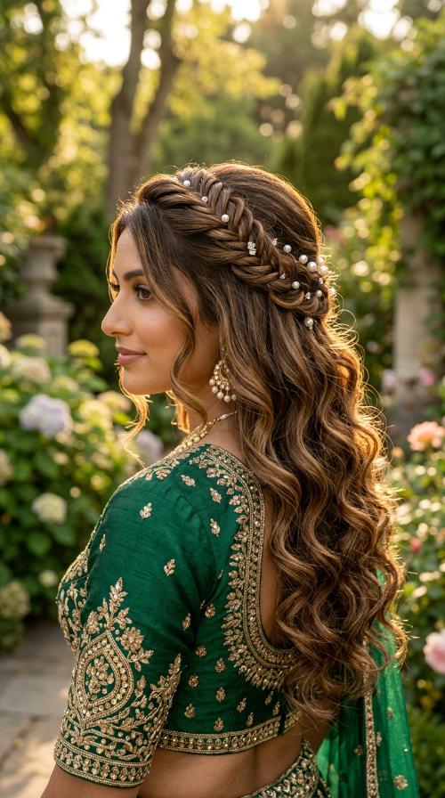 Half-Up Half-Down with Pearls for Emerald Green Lehengas
