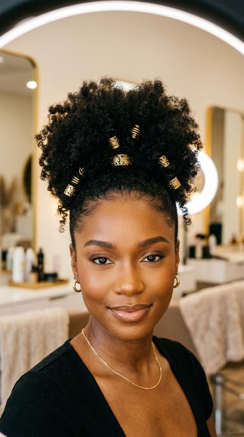 High Afro Puff with Gold Cuffs