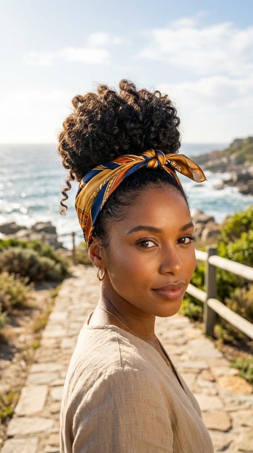 High Bun with Silk Scarf Accent