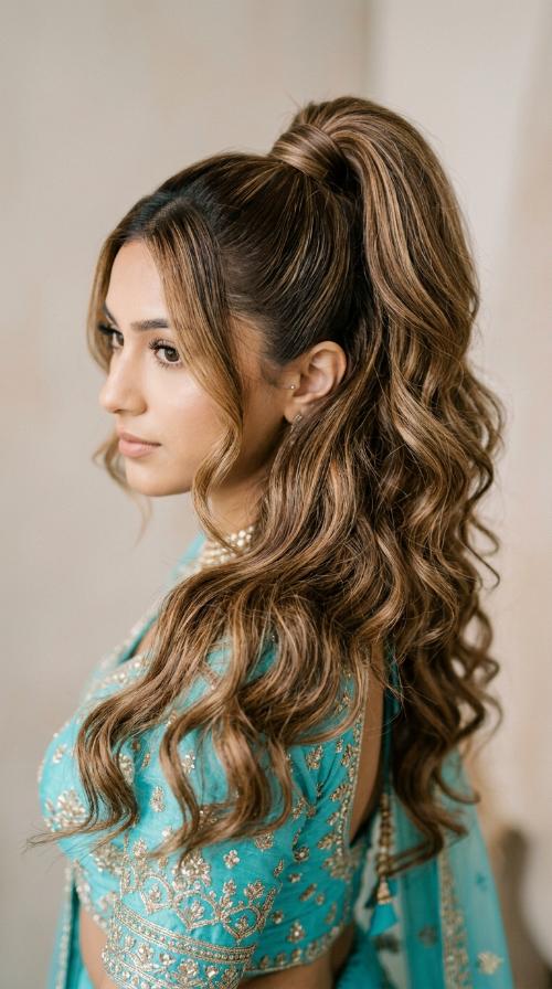 High Sleek Ponytail for Turquoise Lehengas