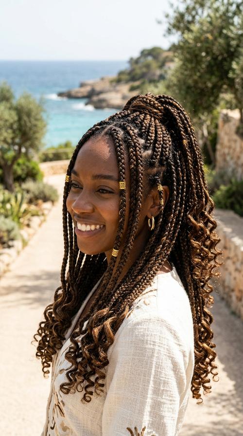 Medium Box Braids with Gold Cuffs for Birthday Parties