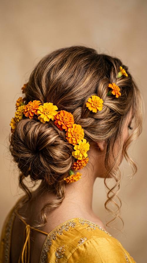 Messy Low Bun with Marigolds