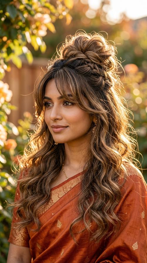 Messy Top Knot with Bangs