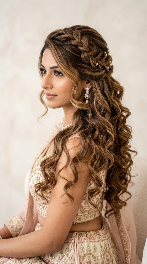 Romantic Side-Swept Curls for Pastel Lehengas