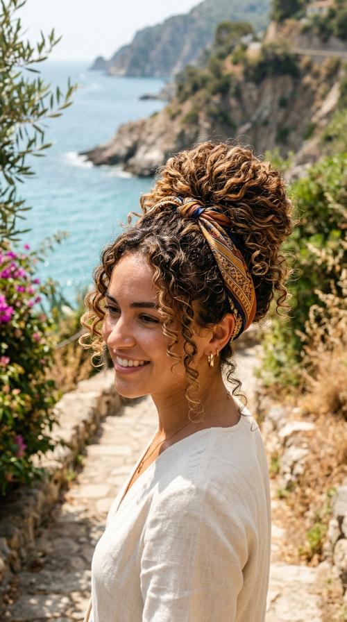 Scarf-Wrapped Curly Bun