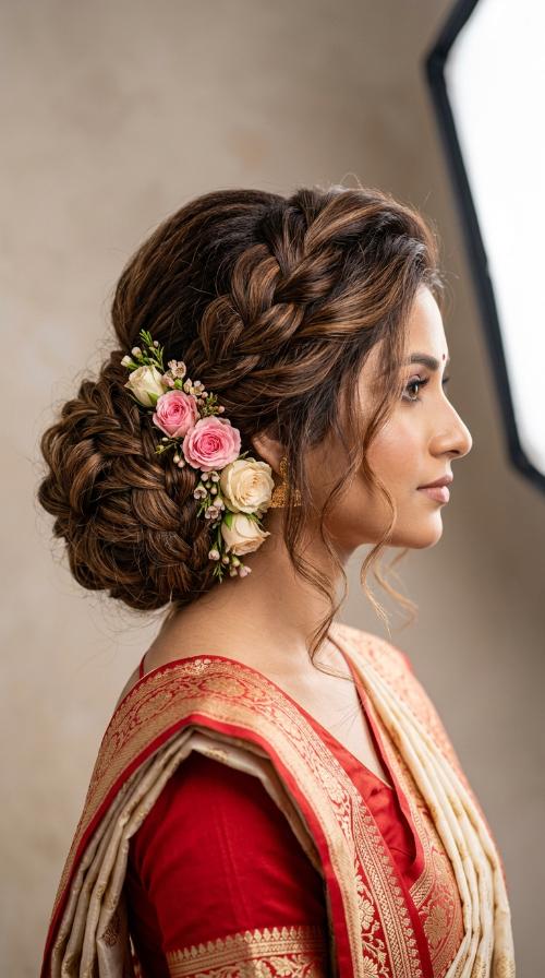 Side Bun with Roses for Bengali Drape