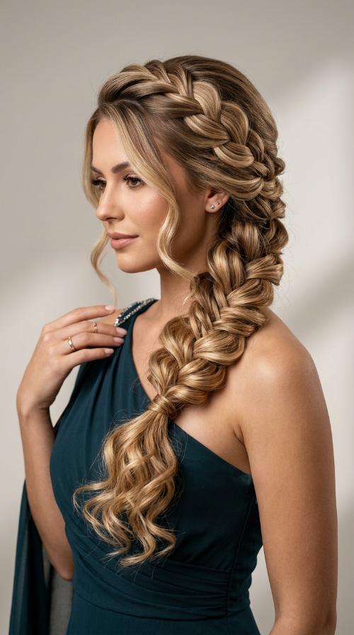Side-Swept Braid for One-Shoulder Dresses