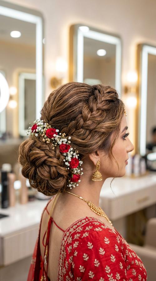 Sleek Floral Bun for Red Lehengas