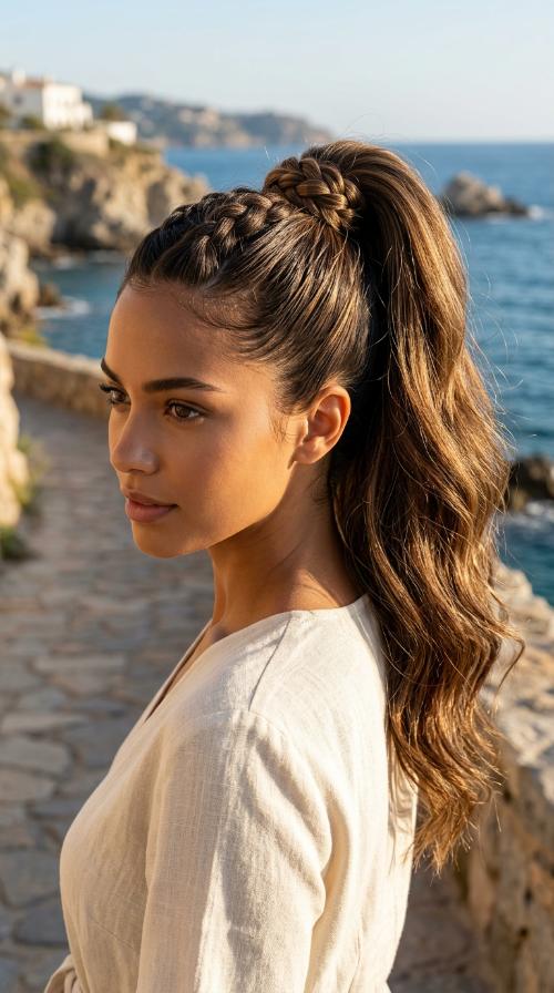 Sleek High Ponytail with Braided Wrap