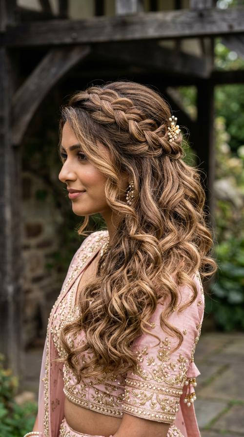 Soft Romantic Curls for Pastel Pink Lehengas