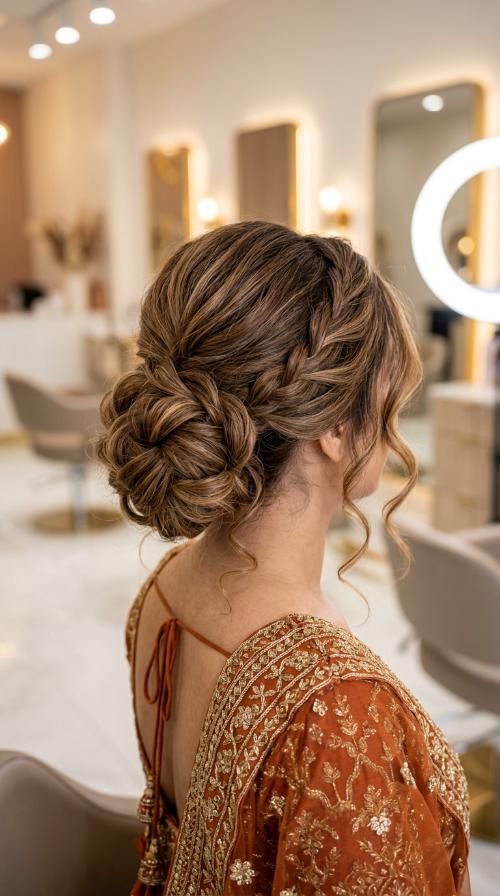 Texturized Low Bun for Orange Lehengas