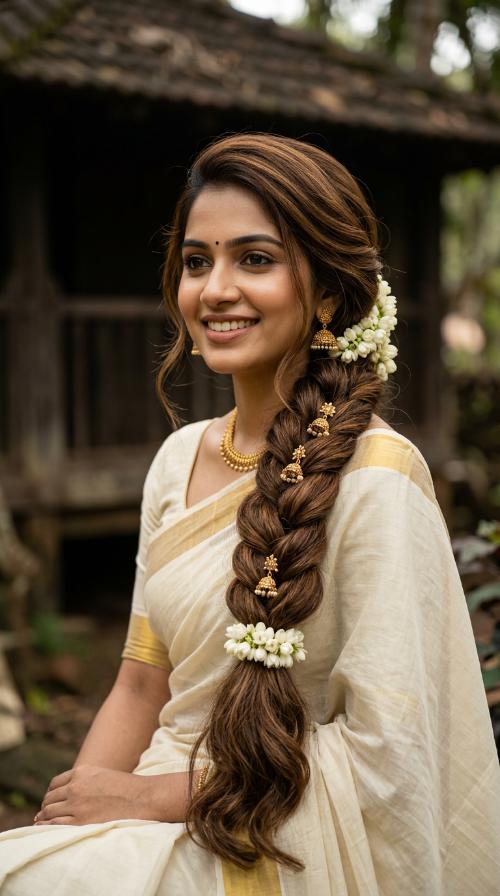 Traditional Long Braid with Jhumka Pins
