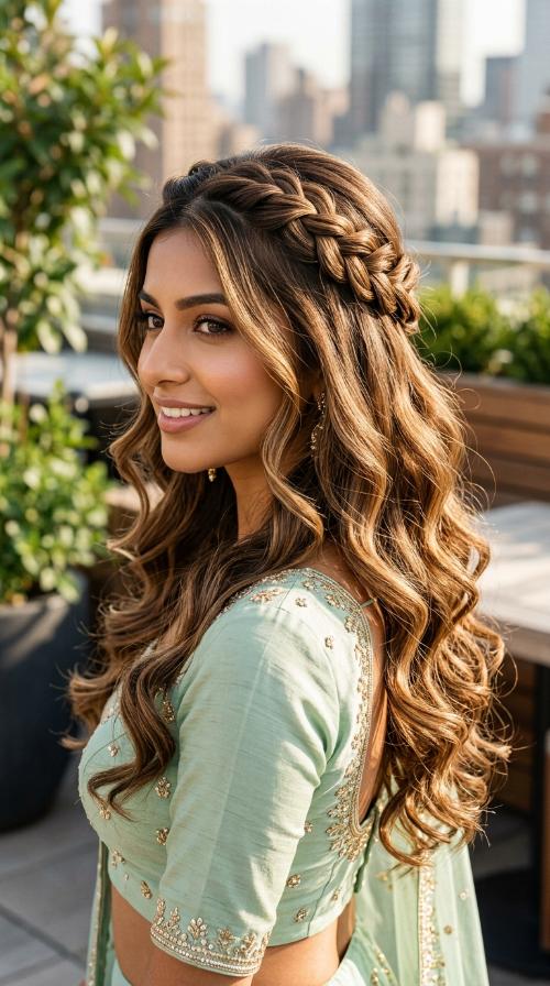 Twisted Crown Half-Up for Mint Green Lehengas
