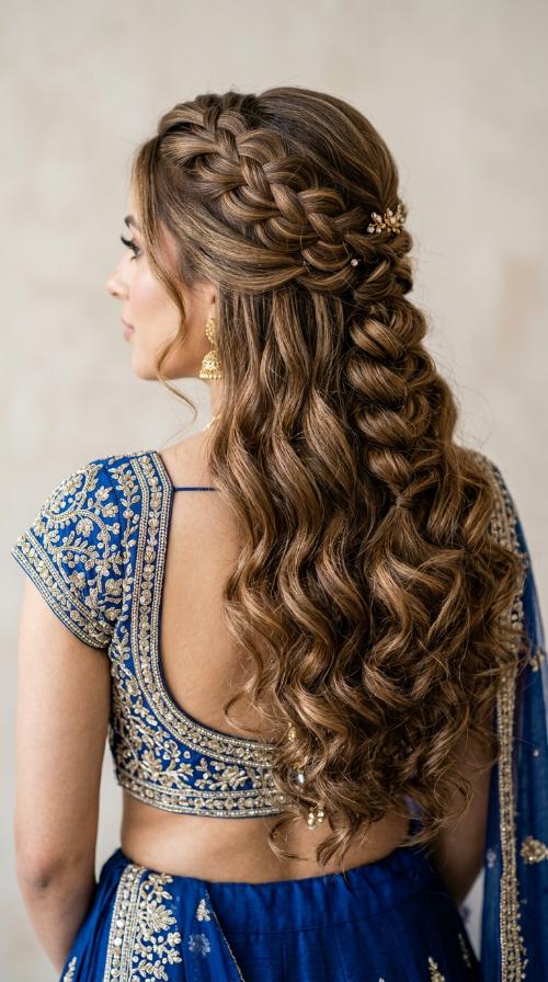 Voluminous French Braid for Royal Blue Lehengas