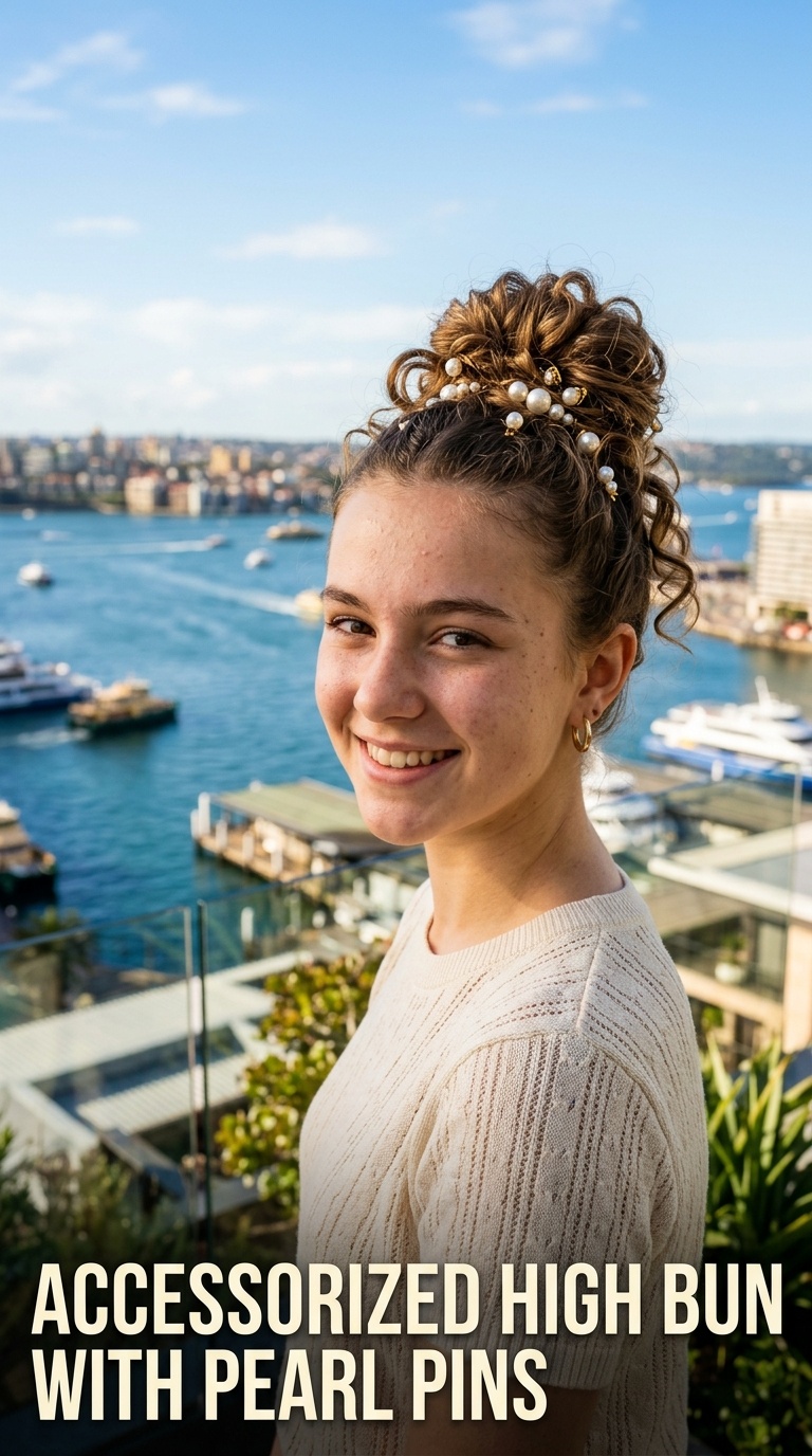 Accessorized High Bun with Pearl Pins