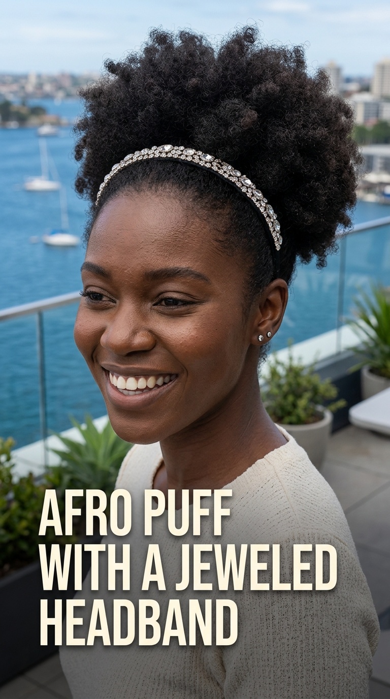 Afro Puff with a Jeweled Headband