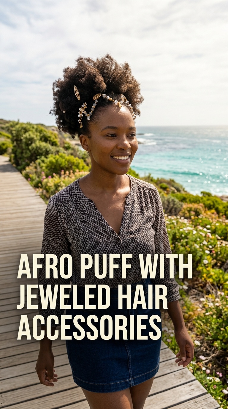 Afro Puff with Jeweled Hair Accessories