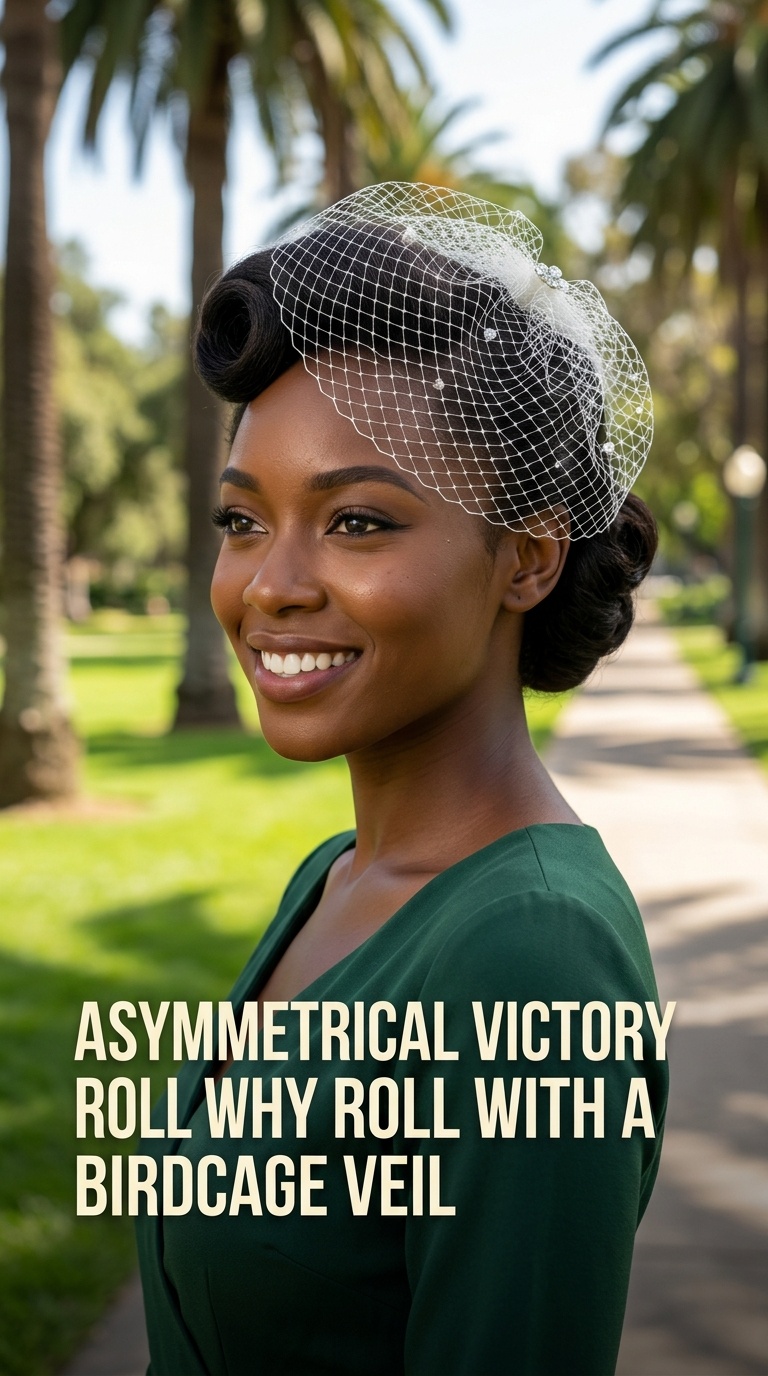 Asymmetrical Victory Roll with a Birdcage Veil