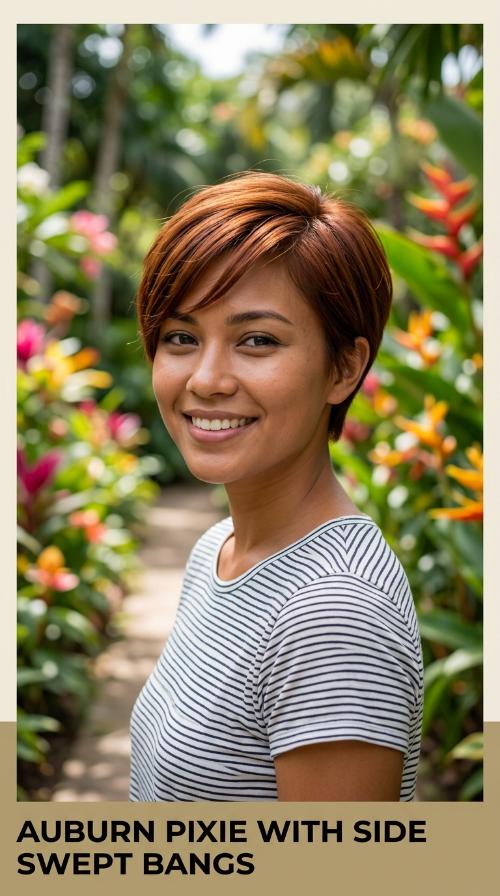Auburn Pixie with Side Swept Bangs
