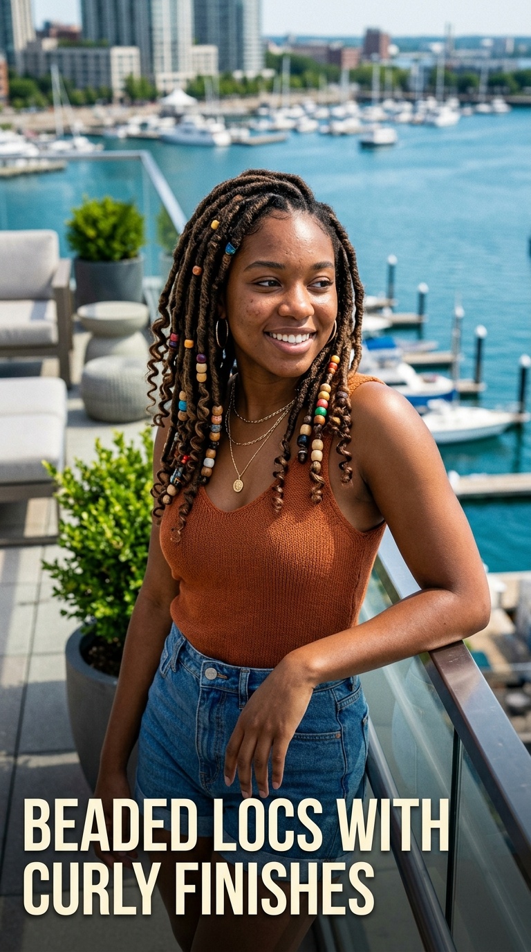 Beaded Locs with Curly Finishes