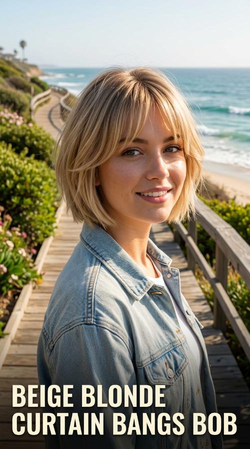 Beige Blonde Curtain Bangs Bob