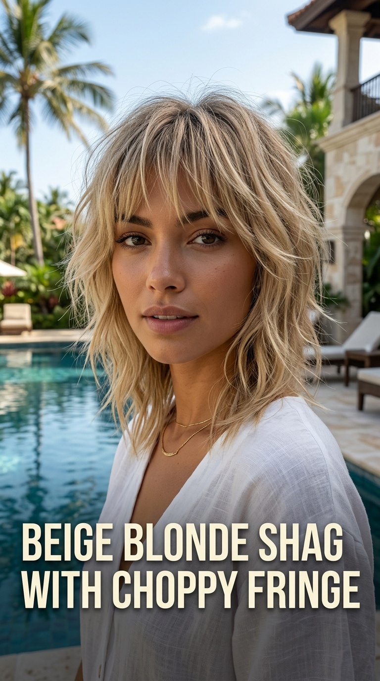 Beige Blonde Shag with Choppy Fringe