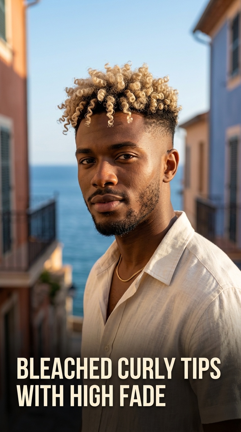Bleached Curly Tips with High Fade