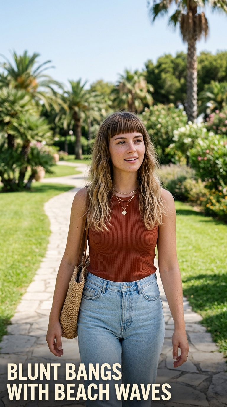 Blunt Bangs with Beach Waves
