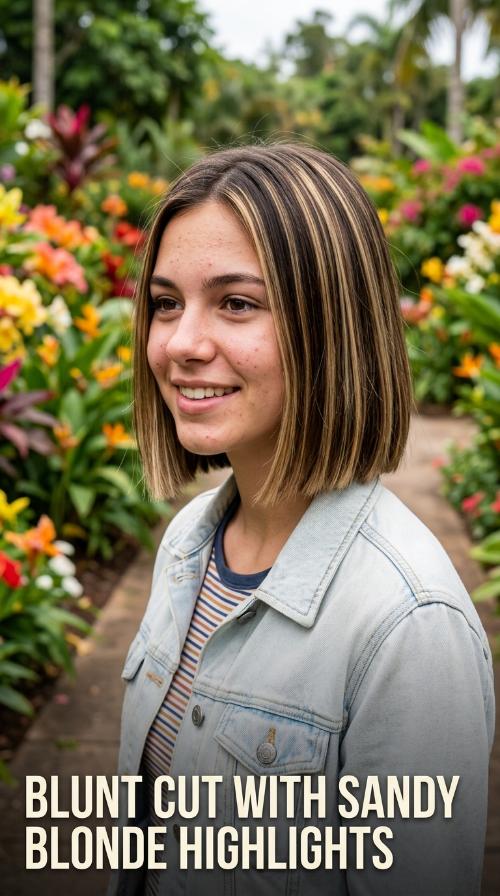 Blunt Cut with Sandy Blonde Highlights