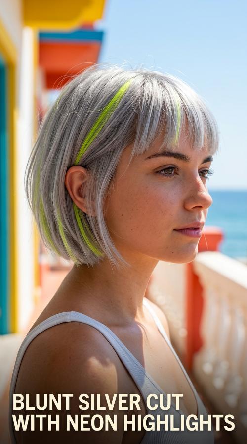 Blunt Silver Cut with Neon Highlights