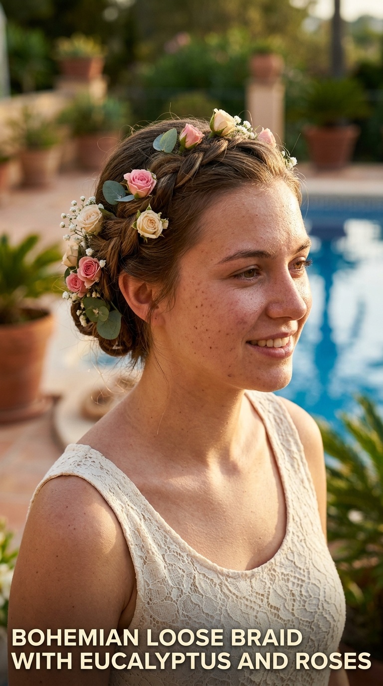 Bohemian Loose Braid with Eucalyptus and Roses