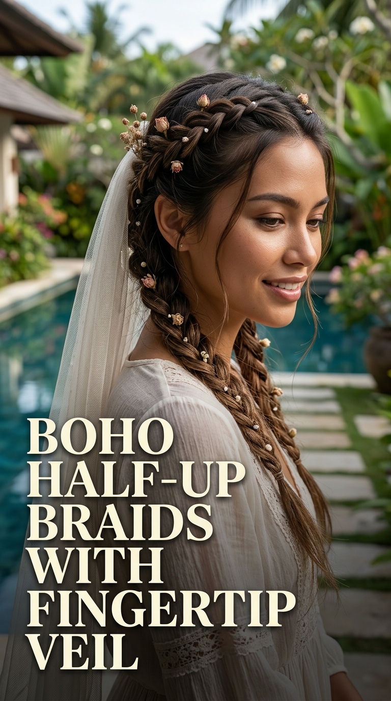 Boho Half-Up Braids with Fingertip Veil