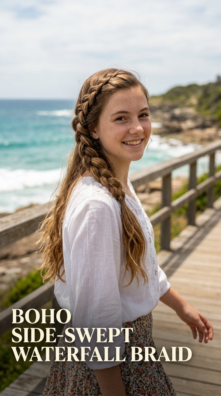 Boho Side-Swept Waterfall Braid